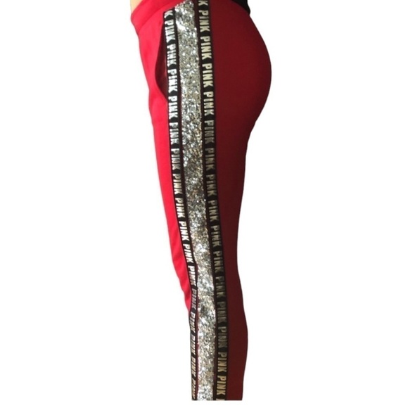 VS PINK Victoria’s Secret Red Bling Silver Sequin Joggers Pants Women’s Small - Picture 4 of 16